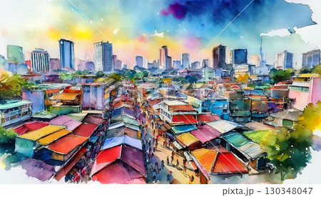 白で隔離された色の建物でハノイベトナムの街のスカイラインの概要を説明します。ベクトルイラスト。ランドマークのあるハノイの街並み。のイラスト素材・ベクターImage 153755388