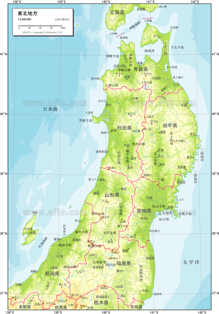 CraftMAP 東北地方の地図素材色分け + 鉄道・道路入り