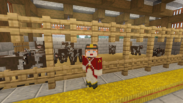 赤い牛小屋と、牛入りミルク瓶 農場・牧場エリアしろの庭 しろがマインクラフトで遊ぶブログ