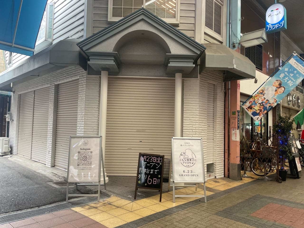 東大阪「布施新地」⑤ ストリップ劇場「晃生ショー劇場」周辺の路地 赤線の跡地を歩いてると、まるで谷底にいるかのような路地に出会うことがある。  この秋桜の看板がある小さな路地がまさに谷底のような薄暗い路地だった。