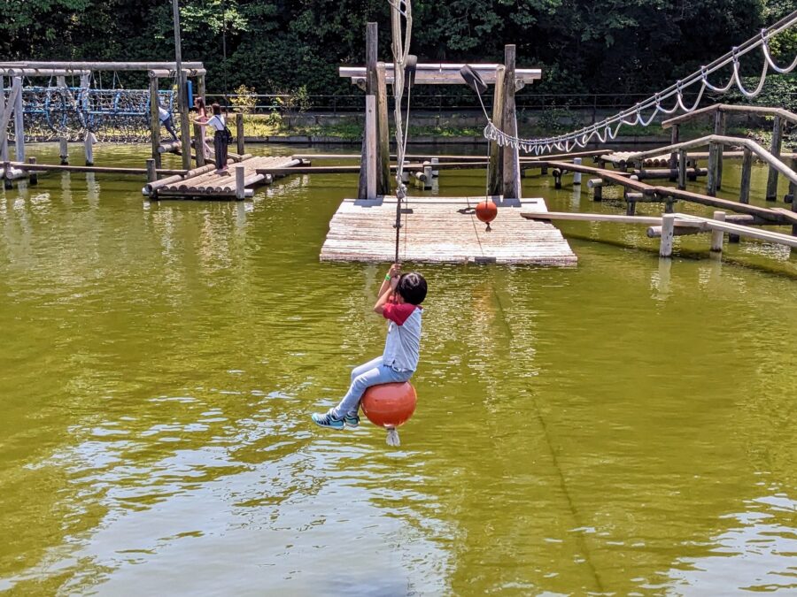 お連れ様やお子様が水上コースにチャレンジしている様子を見学できる場所への道順をご案内！✨,一度アスレチックの外に出ますが、リストバンドがあれば再入場が可能となっております！,清水公園花ファンタジアアスレチック清水公園フィールドアスレチックアクアベンチャー清水公園アクアベンチャーBBQキャンプ清水公園キャンプ場マス釣り清水公園ニジマス釣りポニー牧場