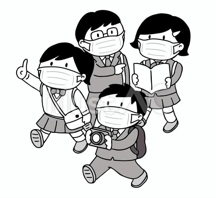 楽しいバス旅行 白黒修学旅行の無料イラスト 学校行事素材