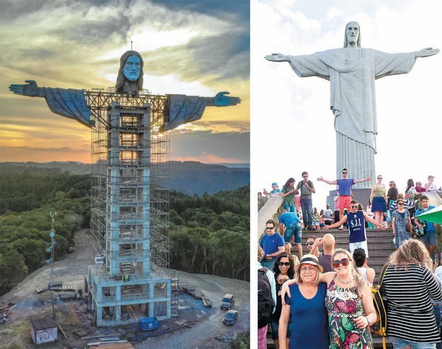 ブラジル・ リオデジャネイロで、 コルコバードの丘に立つ 巨大な