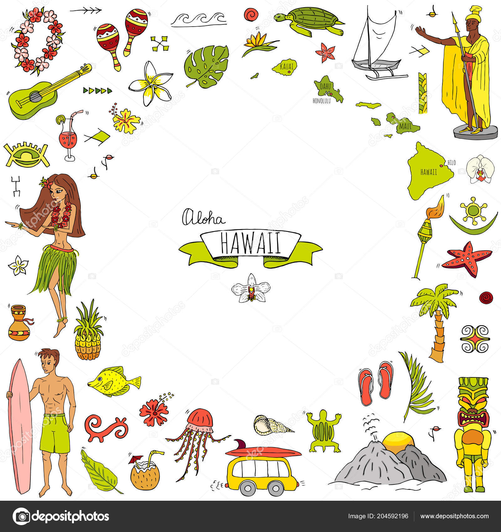 くっきり主線のハワイアイコンセットのイラスト素材184153405 毎月1点無料 フリー のストックフォト イメージマート