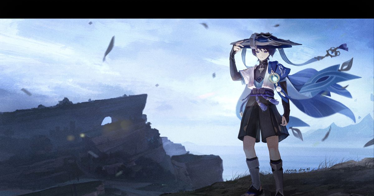 笠に手をかけながら魔法を詠唱するスカラマシュ放浪者原神 2400x1350px のデスクトップPC用の壁紙高画質壁紙キングダム