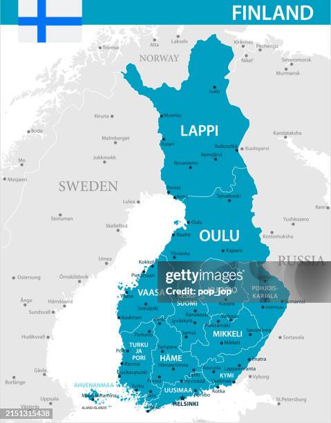 ヨーロッパ地図マクロにピン留めされたフィンランド国旗首都ヘルシンキに焦点を当てたカラフルでぼやけた世界地図上の国の写真をクローズアップ目的地の地図マーカーにピンを押しますPremium写真